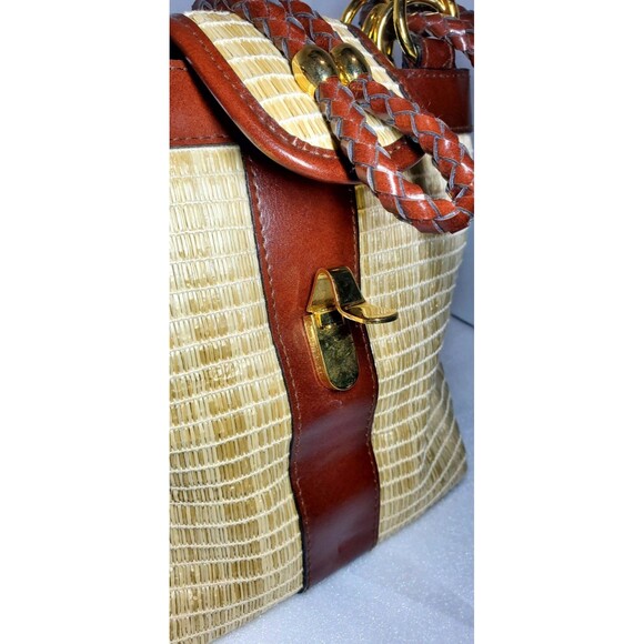 Vintage Kaela Straw Purse Brown Leather Trim Shoulder Bag Unique Closure - Picture 5 of 15